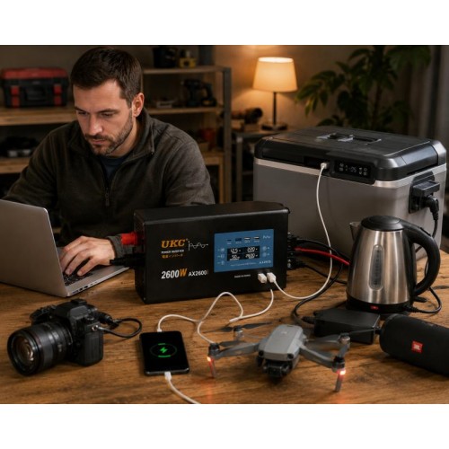Перетворювач AC/DC 2600W AX Sine з чистим синусом / Перетворювач напруги з чистим синусом, дисплеєм та виходами: 3 x USB, 1 x Type-C / Інвертор автомобільний Перетворювач AC/DC 2600W AX Sine з чистим синусом / Перетворювач напруги з чистим синусом, дисплеєм та виходами: 3 x USB, 1 x Type-C / Інвертор автомобільний