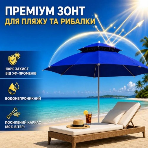 Синя Садова парасолька з подвійним куполом 220см / Пляжна двоярусна парасолька з регульованою висотою