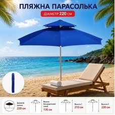 Синя Садова парасолька з подвійним куполом 220см / Пляжна двоярусна парасолька з регульованою висотою