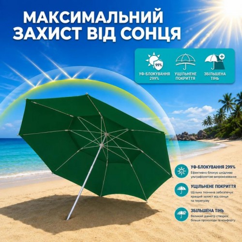 Зелена Садова парасолька з подвійним куполом 220см / Пляжна двоярусна парасолька з регульованою висотою Зелена Садова парасолька з подвійним куполом 220см / Пляжна двоярусна парасолька з регульованою висотою